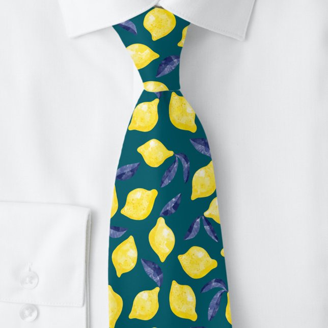 Grönten Watercolor Lemon Mönster Citrus Teal Slips (Fresh watercolor citrus lemon fruit dark teal green neck tie)