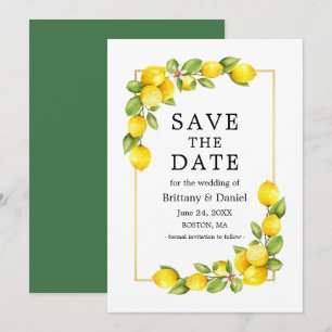 Grönten Watercolor Lemons Greenery Guld Ram Spara Datumet