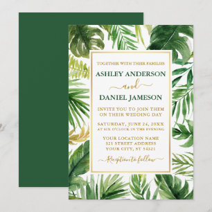 Grönten Watercolor Tropical Greenery Guld Bröllop Inbjudningar