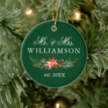 Grönten Watercolor Winter Blommigt PHOTO BACK (vat Julgransprydnad Keramik<br><div class="desc">Elegant Watercolor Winter Blommigt Bröllop Photo Mr. och Newlyows jul Ornament</div>