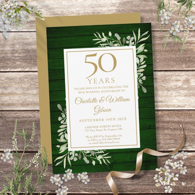grönten Wood Foliage, femtionde Bröllop-årsdagen Inbjudningar (50th Wedding Anniversary Green Wood Foliage Invitation)