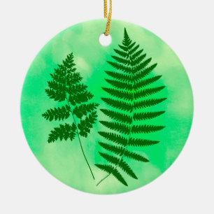 Grönten Woodland Fern på vattenfärgsbakgrund Julgransprydnad Keramik