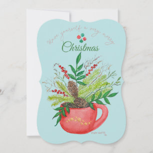 Gröntens Blommigt i Red Kopp-julfärgen Watercolor Kort