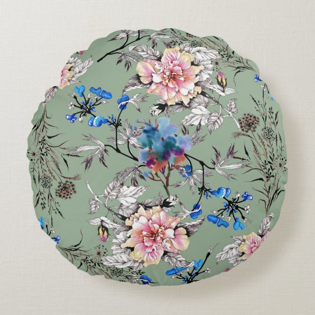 Gröntens Blommigt vattenfärg Mönster i bakgrunden. Rund Kudde (Framsidan)