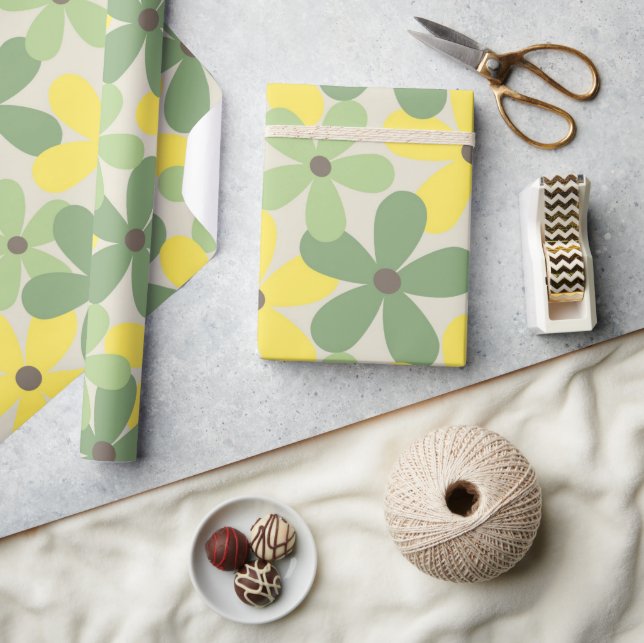 Gröntens Gult Retro Y2K 70s Flower Mönster Presentpapper (Hantverk)