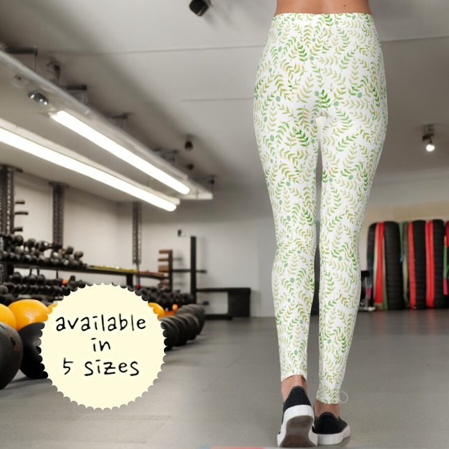 Gröntens Gult vid Löv Mönster vid Vita Leggings (back view leaf pattern leggings)