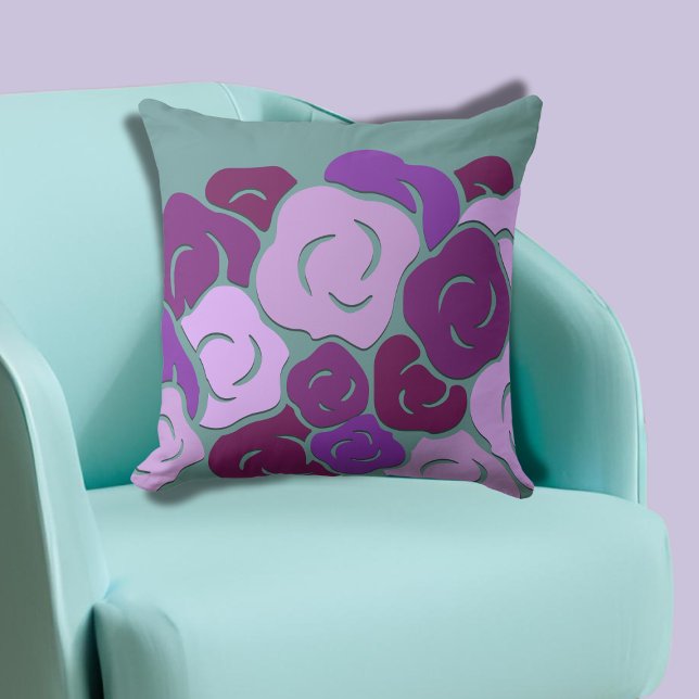Gröntens Lila Stiliserade blommor Kudde (Green Purple Stylized Flower Blooms Throw Pillow)