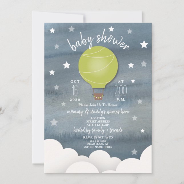 Gröntens Luftballong + Stars Neutralt Baby Shower Inbjudningar (Framsida)