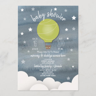 Gröntens Luftballong + Stars Neutralt Baby Shower Inbjudningar