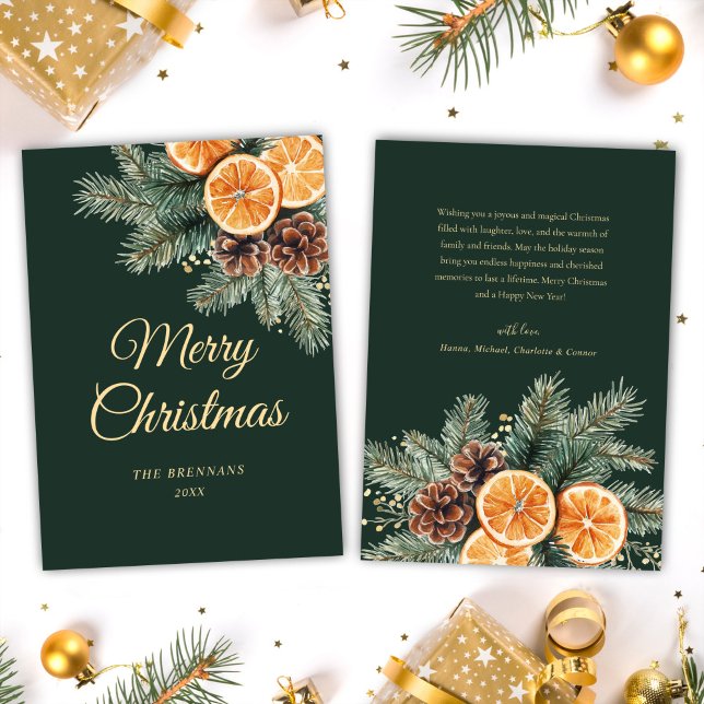 Gröntens Orange Elegant Citrus Jul Julkort (Green Orange Elegant Citrus Christmas Holiday Card)