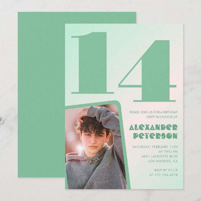 Gröntens övertoning 14-årsinbjudningar Boy Photo Inbjudningar (Fram/baksida)