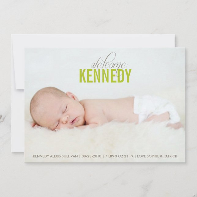 Gröntens välkomstmeddelande om Baby Photo Baby Bir Meddelande (Framsida)