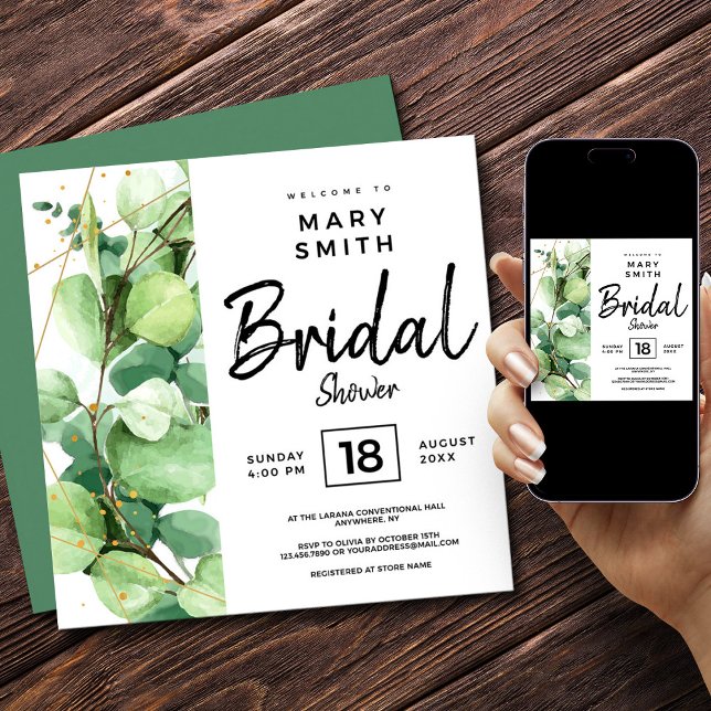 Gröntens vita elegant botanisk möhippa inbjudningar (Green Elegant Watercolor Eucalyptus Bridal Shower Invitation, Bridal Shower Invitation)