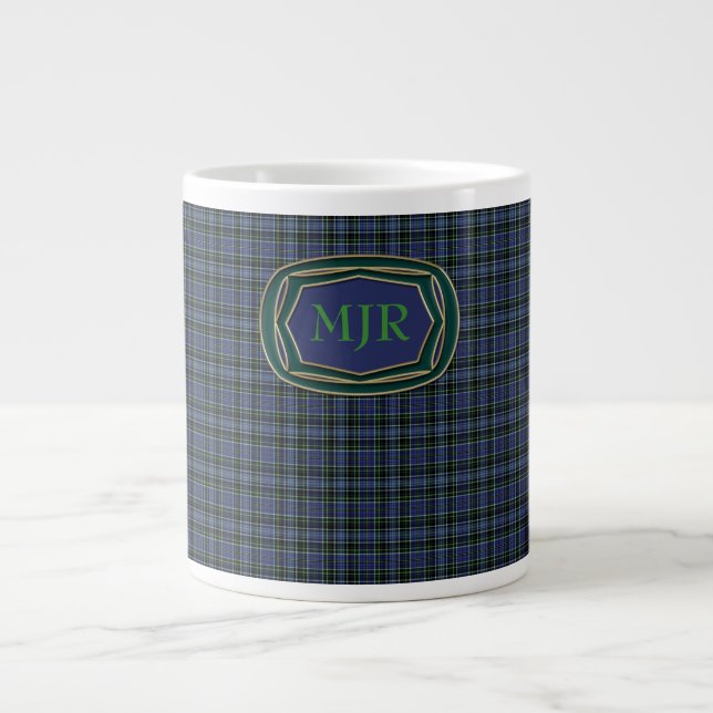 Grönts Blues Scottish-stil Tartan Plaid Monogram Jumbo Mugg (Framsidan)