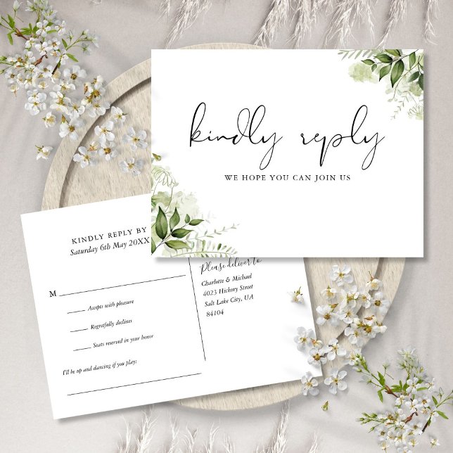 Grönyta Blommig Sångförfrågan RSVP Brevkort Inbjudan Vykort (Greenery Floral Song Request RSVP Postcard)