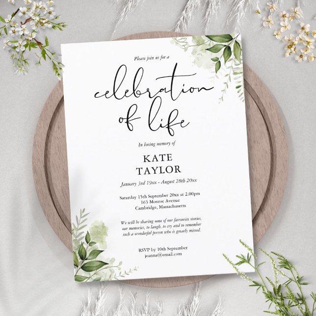 Grönyta Firande Av Livets Minnesinbjudan Meddelande Vykort (Greenery Celebration of Life Memorial Invitation)