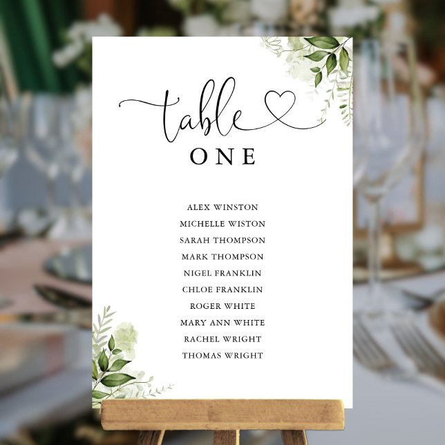 Grönyta Hjärtmanus Bord Nummer Sittplatskarta Inbjudningar (Greenery Heart Script Table Number Seating Chart)