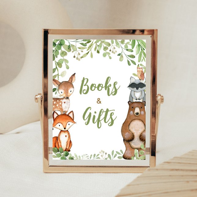 Grönyta Skogsbarn Välkomstskylt för Böcker och Gåv Poster (Woodland Animals Baby Shower Books and Gifts Sign)