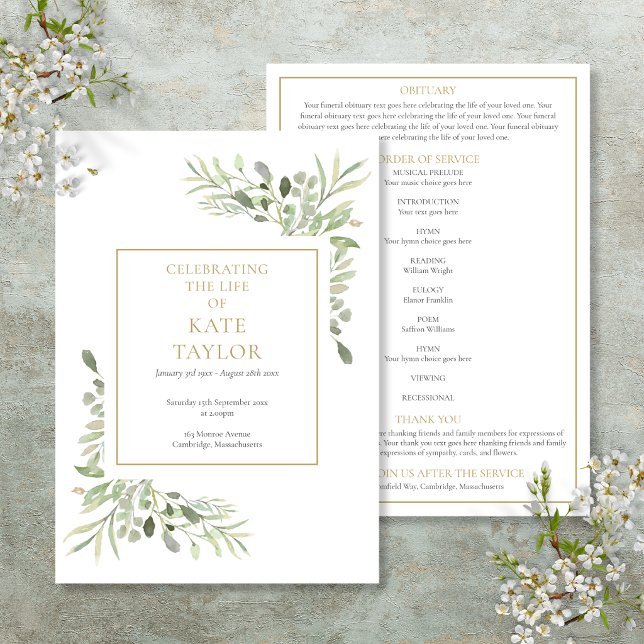 Grönyte Blommig Begravningsprogram Inbjudningar (Greenery Floral Funeral Order Of Service Program)