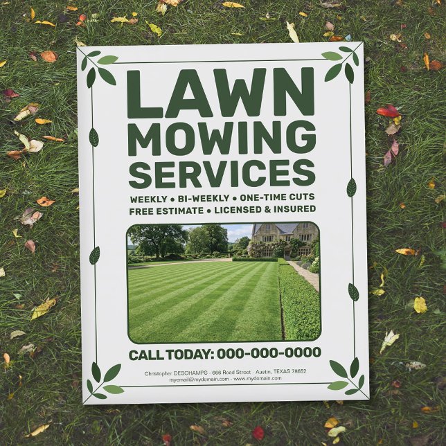Grönyte- och gräsmattsklipptjänster flygblad (Leaf & Lawn Mowing Services Flyer)