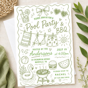 Grönytes Poolparty Grillfest Sommar Handritad Klot Inbjudningar