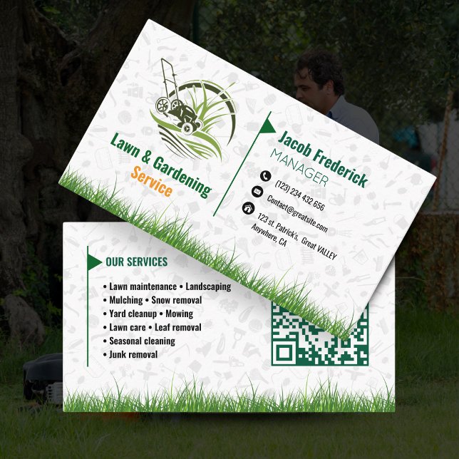 Grönytte- och landskapsarkitektur Visitenkort – Gr Visitkort (Lawn Care & Landscaping Business Card – Green & White with QR CODE )