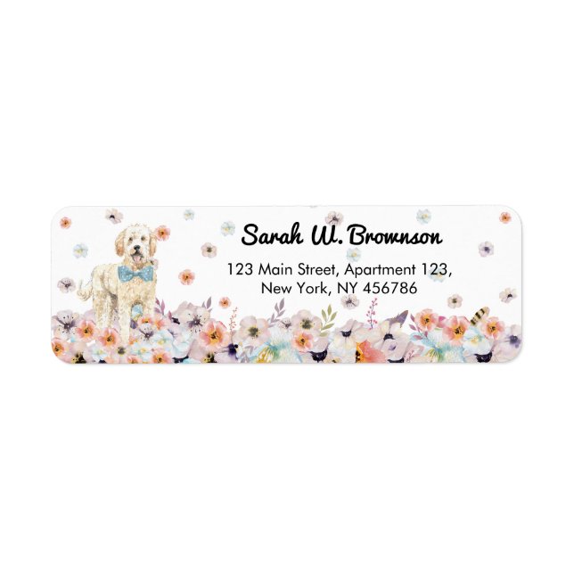 Groodle Goldendoodle Hund med flugbindel vår blomm Returadress Etikett (Framsidan)