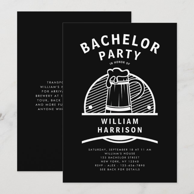 Groom Bachelor Party Black and White Brewery Tour Inbjudningar (Fram/baksida)