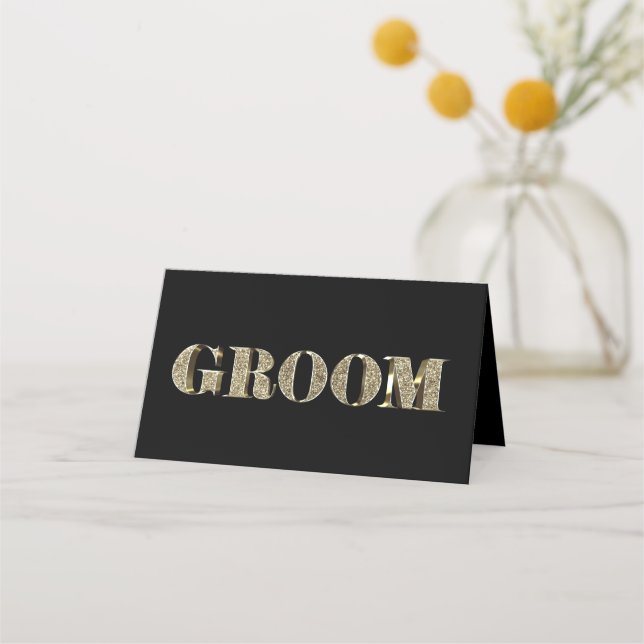Groom Black och Guld Golden Glitter Typografi Placeringskort (Framsida)