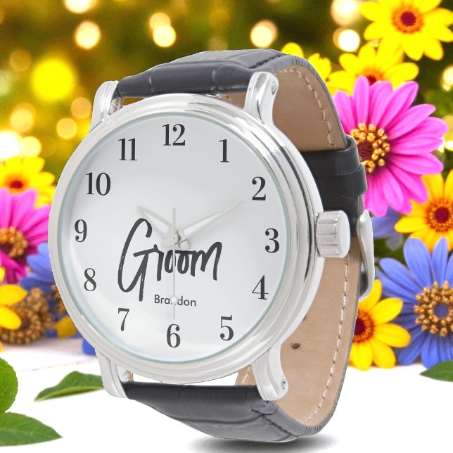 Groom Black White-skript Bröllop Armbandsur (Skapare uppladdad)