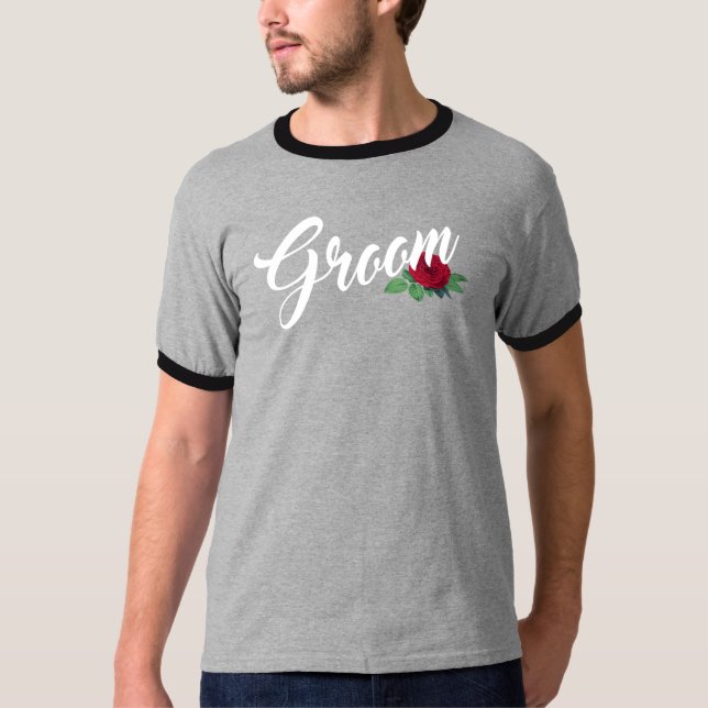 Groom Blommigt Bröllop Calligraphy Ringer Shirt T Shirt (Framsida)