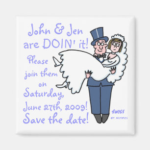 Groom i Top hat och Svan bär Bride Spara Date Magnet