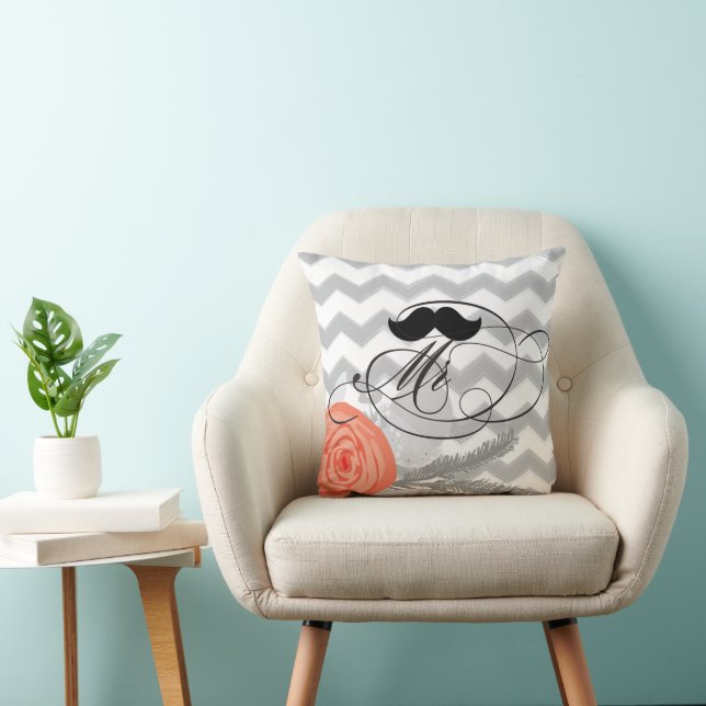 Groom Mustache Coral Grått Zig Zag Blommigt Kudde (Stol)
