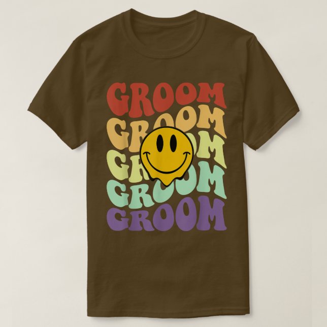 groom retro leende ansikte bröllop firande bachelo t shirt (Design framsida)