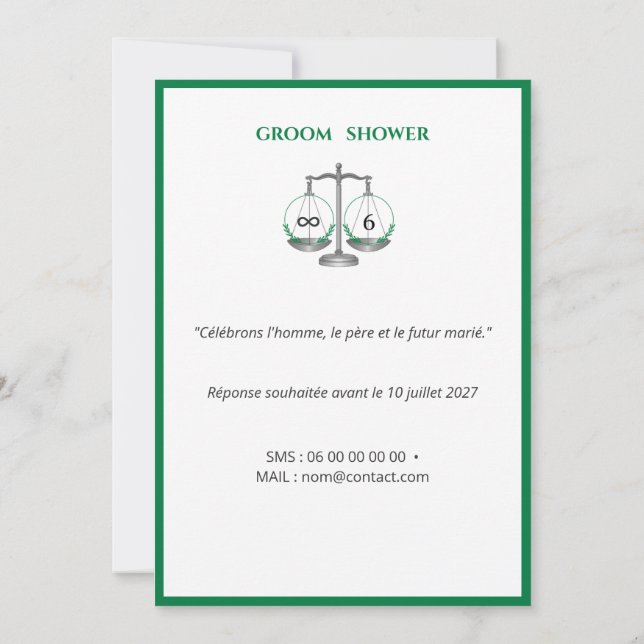 Groom Shower  - Vert Émeraude et Gris Anthracite Inbjudningar (Baksida)