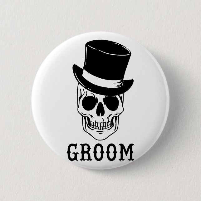 Groom Skull med Hat Bride Halloween Bröllop Bache Knapp (Framsida)