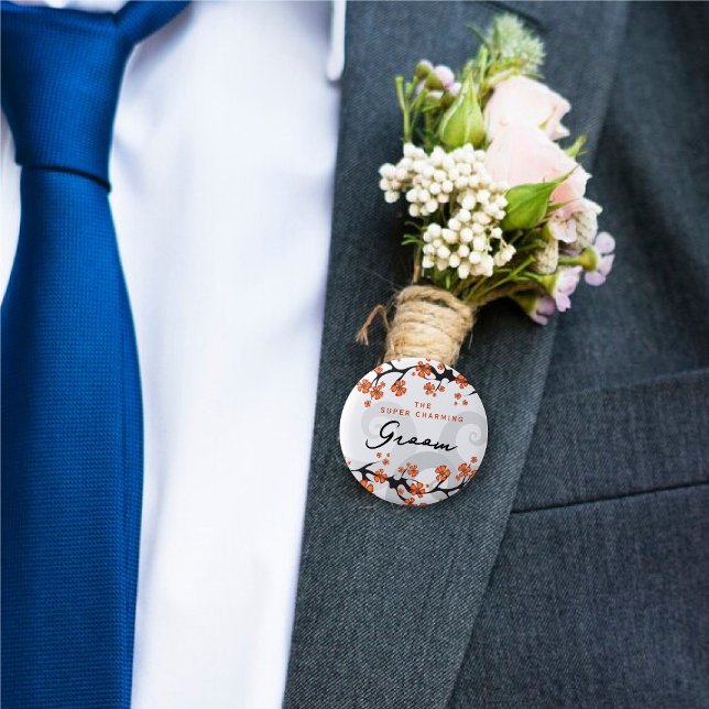 GROOM Tropical Flowers Swirl Chic Bröllop Namn bri Knapp (GROOM Hibiscus Fusion / Tropical Flowers Swirls Wedding Name Tag Pin Back Button @ fat_fa_tin)