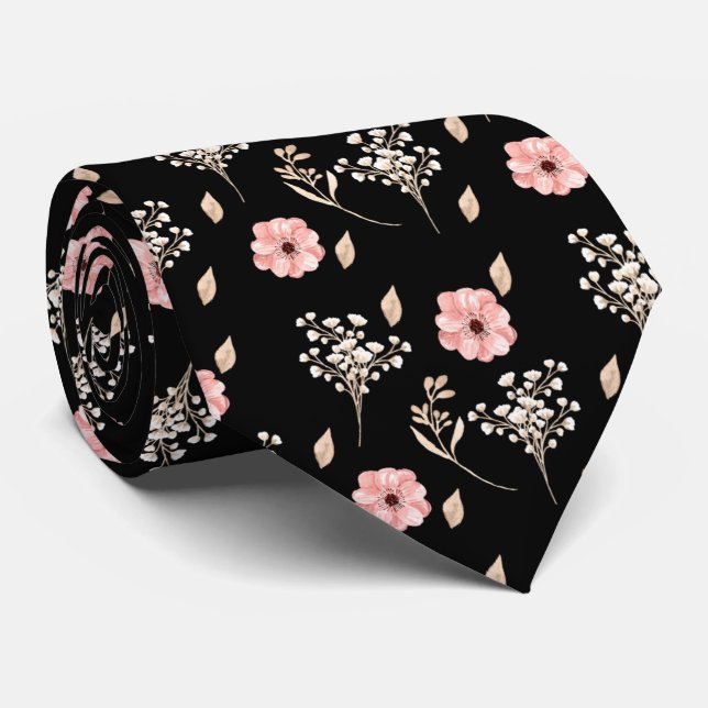 Groom Watercolor Rosa Blommigt Black Bröllop Slips (Rullad)