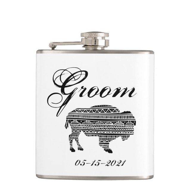 Groom Whiskey Flask Boho Buffalo Tribal Mönster Bo Fickplunta (Framsidan)