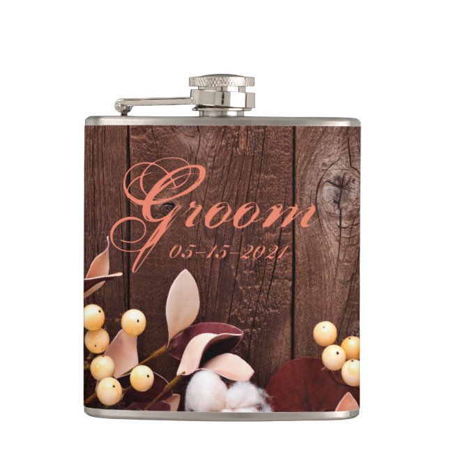 Groom Whiskey Flask Cotton Gren på Mörk Wood Ste Fickplunta (Framsidan)