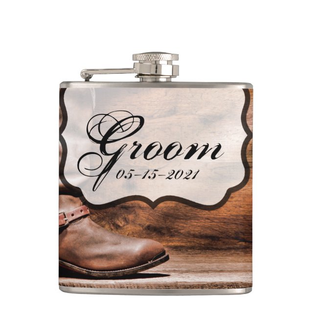Groom Whiskey Flask CowboyBoots Barn Wood Rustic Fickplunta (Framsidan)