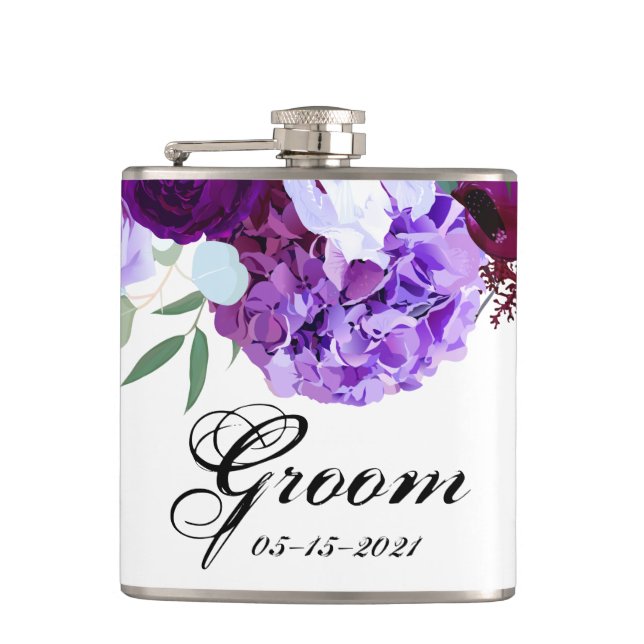 Groom Whiskey Flask Lavender Hibiscus på White Fickplunta (Framsidan)