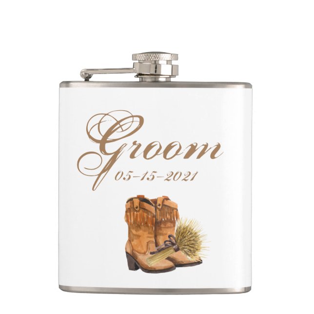 Groom Whiskey Flask Summer Landsbyggsbröllop Rusti Fickplunta (Framsidan)