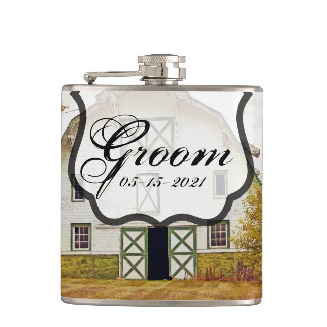 Groom Whiskey Flask Sunset Barn Land Rustic Fie Fickplunta (Framsidan)