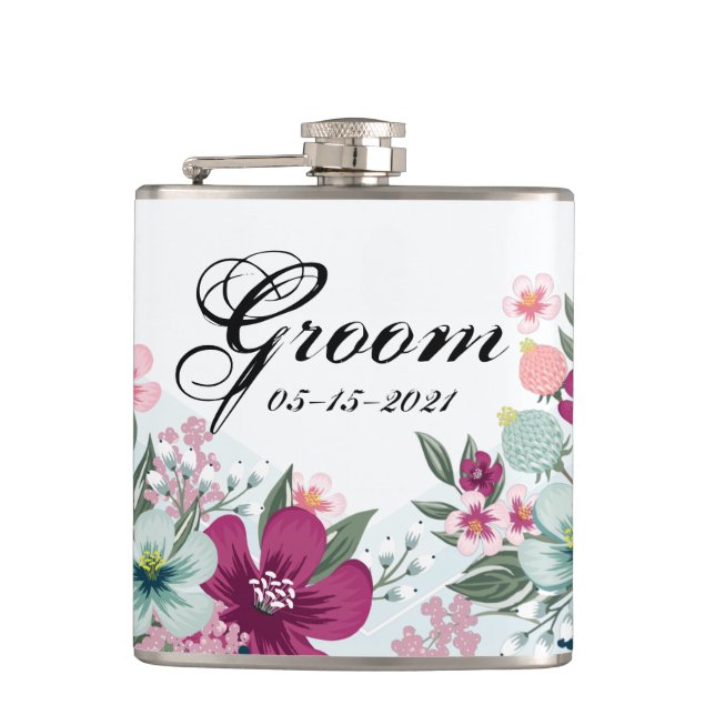Groom Whiskey Flask Tropical Flowers on Blue Ombre Fickplunta (Framsidan)