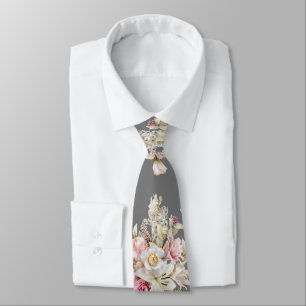 Grooms Bröllop Blommigt Bouquet Mönster på Grått Slips
