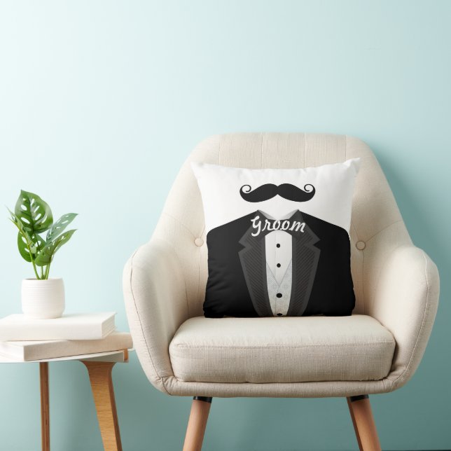 Grooms Mustache Tuxedo Black Tie Pillow Kudde (Stol)