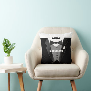 Grooms Mustache Tuxedo Black Tie Pillow Kudde