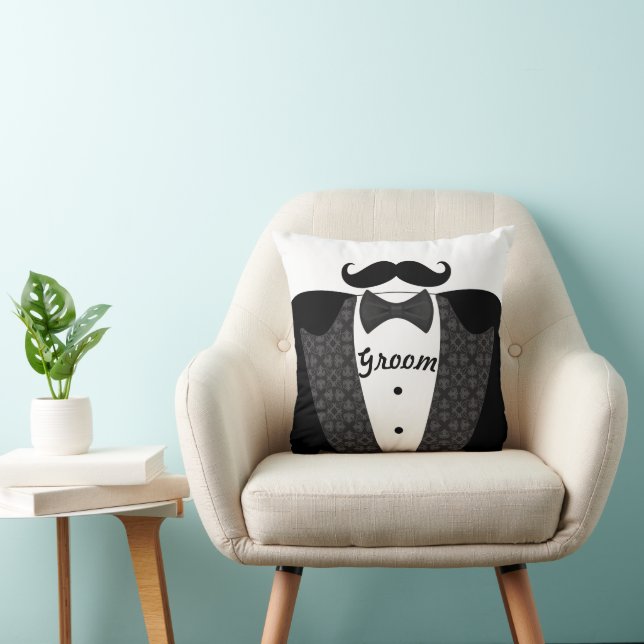 Grooms Mustache Tuxedo Black Tie Pillow Kudde (Stol)