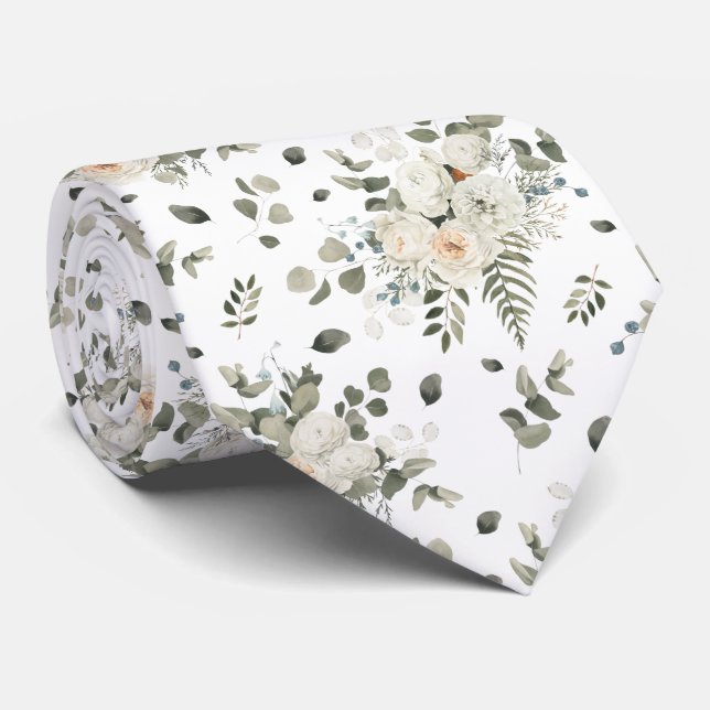 Grooms White Bröllop Blommigt Bouquet Mönster Slips (Rullad)